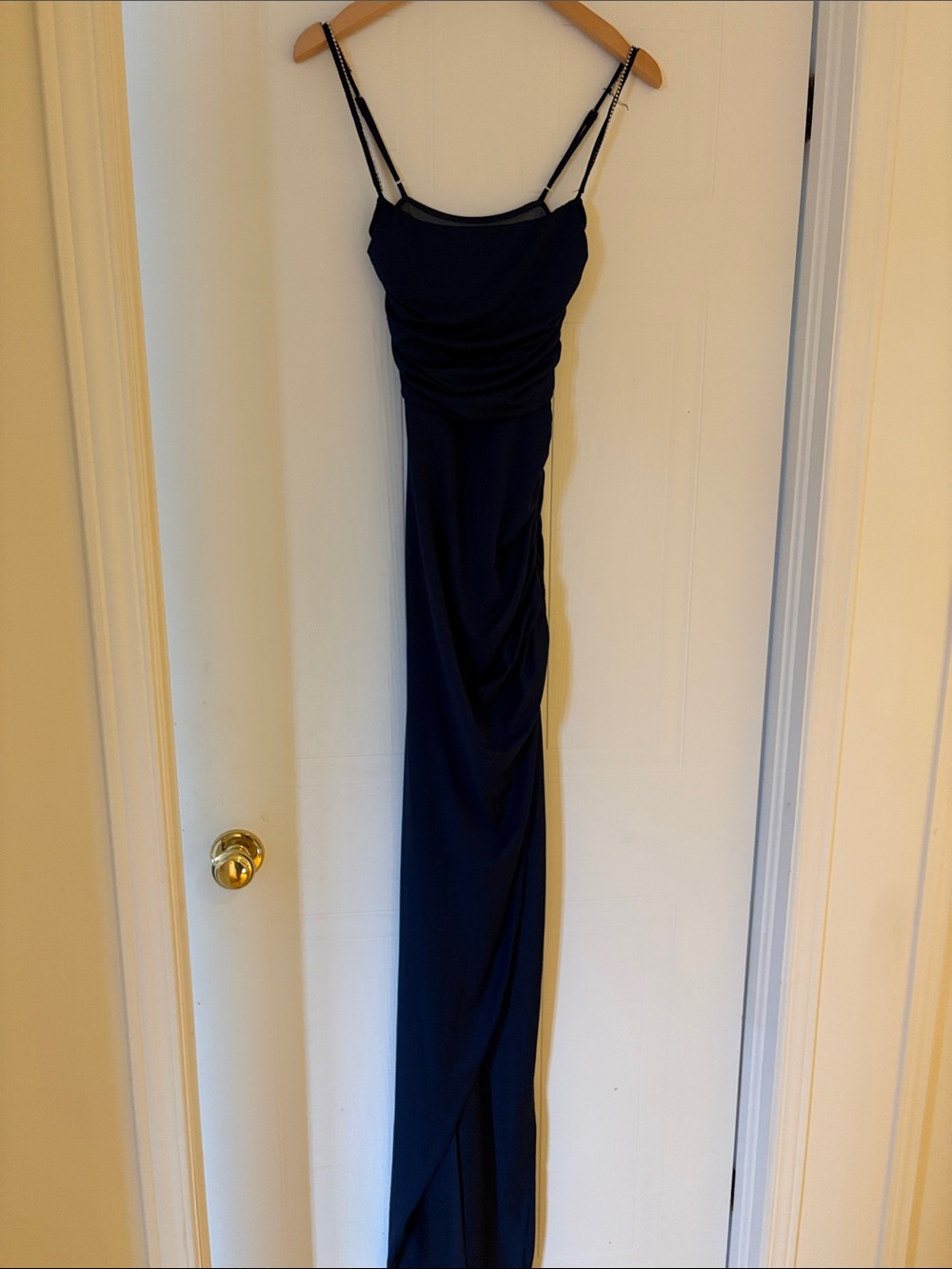 Lucy in the Sky Navy Blue Ruched Maxi Slip Dress with Spaghetti Straps